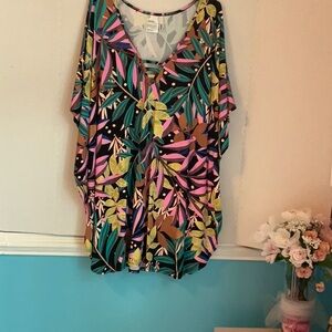 Pink and Yellow Tie Front Blouse with Batwing Sleeves